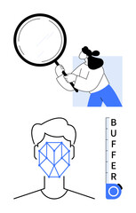 Woman analyzing with magnifying glass, facial recognition grid on face, and buffer progress bar. Ideal for technology, data analysis, privacy, biometrics, research AI digital security. Flat simple