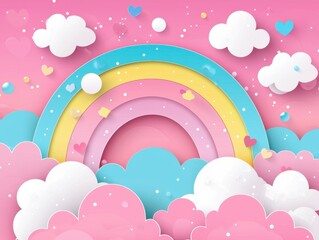 A vibrant, whimsical illustration featuring a multi-colored rainbow surrounded by fluffy clouds on a pink background, evoking a cheerful and playful atmosphere.
