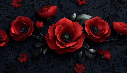 Red Poppies Dark Floral Design.