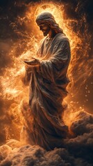 Jesus statue with fiery clouds, and divine.