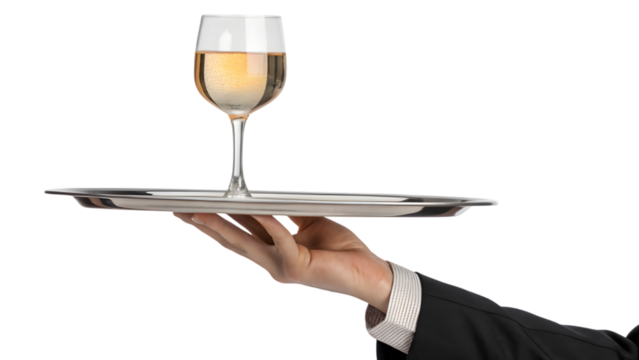 A waiter's hand presents a glass of wine on a tray