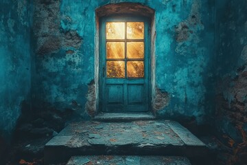 Obraz premium Sunlit doorway ancient weathered teal building