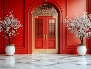 Red Room with Gold Door, and Spring Blossoms.