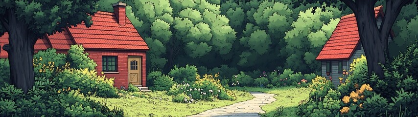 Red Roof Cottages with Green Forest Path.