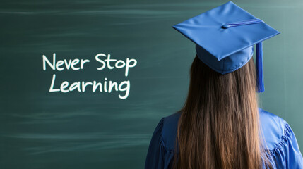 Graduation cap student chalkboard education learning motivation back view blue gown inspirational message academic achievement