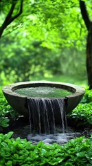 A charming small fountain nestled in a vibrant garden, surrounded by colorful blooming flowers and lush green foliage, creating a serene and tranquil atmosphere.
