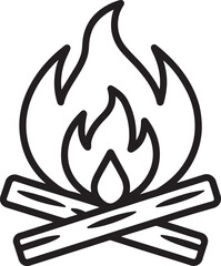 Fire on wooden slicks vector icon in flat filled and outline stroke line art.