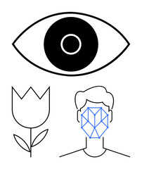 Eye with bold center outline, tulip with stem and leaves, geometric facial recognition grid overlay. Ideal for vision, biometric identity, technology, nature, human connection, design abstract