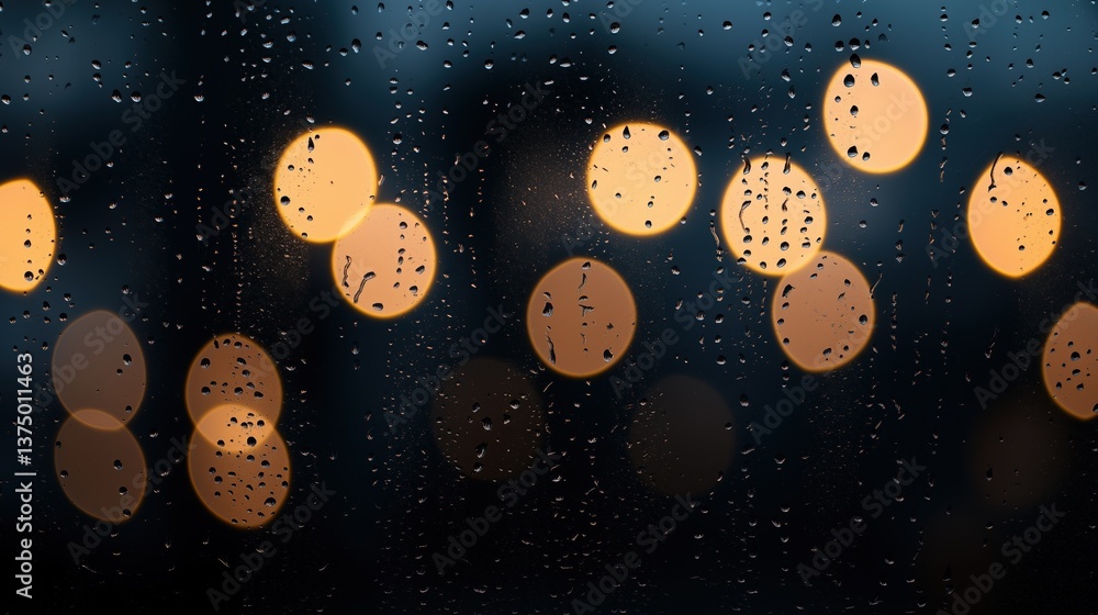 Poster close-up of a window with raindrops on it. the background is black, and the raindrops are scattered 