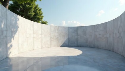 Curved concrete wall, mirrored ground, expansive outdoor setting, structure, background, clean
