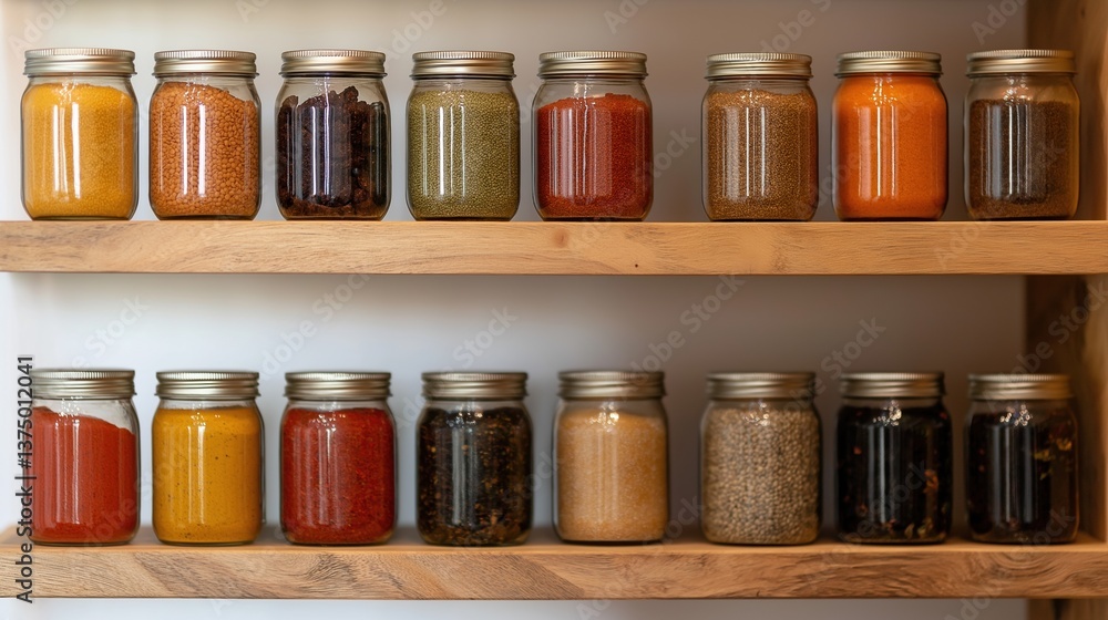 Fototapete wooden shelf with multiple rows of glass jars filled with different types of spices. the jars are ar