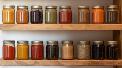 Wooden shelf with multiple rows of glass jars filled with different types of spices. the jars are arranged in a neat and orderly manner on the shelf.