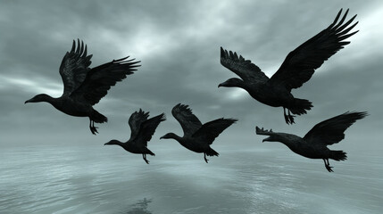 Fototapeta premium Flying birds over calm water surface create serene scene