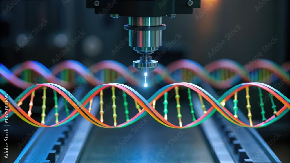 Poster mechanical arm stitches loops of colorful dna in a modern laboratory