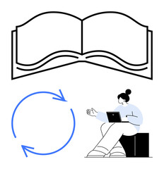 Open book and circular arrow with seated person using laptop signify knowledge, growth, and collaboration. Ideal for education, communication, career, innovation, teamwork creativity. Flat simple
