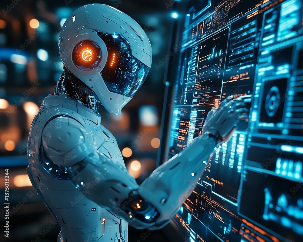 Poster Humanoid AI working on digital technology, hightech task execution, glowing virtual device interface, futuristic environment, ultraHD, photorealistic