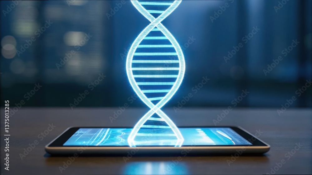 Poster Digital Visualization of DNA Helix Floating Above a Tablet Screen
