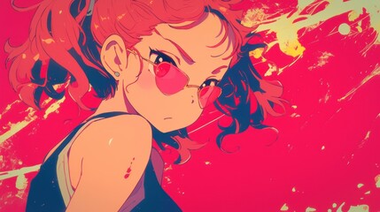 Stylish Anime Girl with Red Hair and Pink Sunglasses in Vibrant Red and Yellow Background
