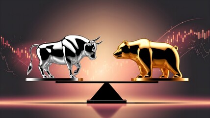 Silver Bull and Golden Bear – Stock Market Scale Representing Market Trends and Financial Balance