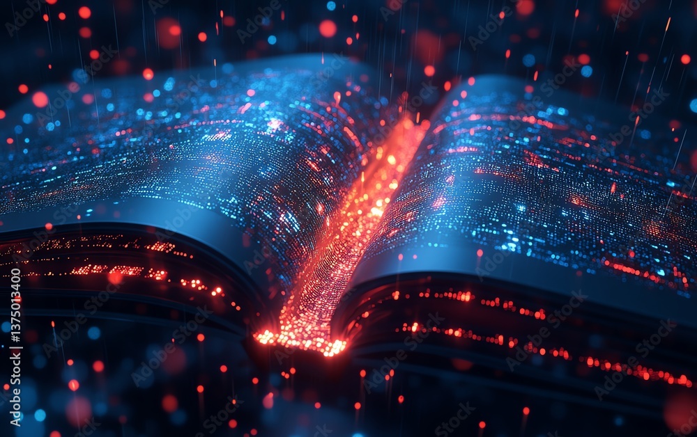 Poster futuristic digital book, glowing holographic pages, hightech reading device with data flow, advanced