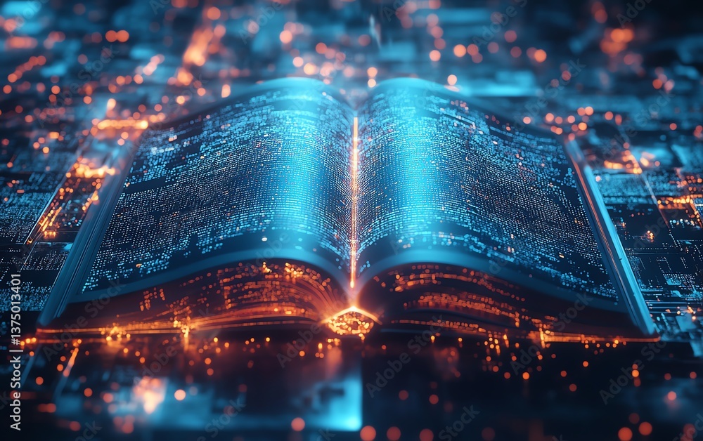 Aufkleber futuristic digital book, glowing holographic pages, hightech reading device with data flow, advanced