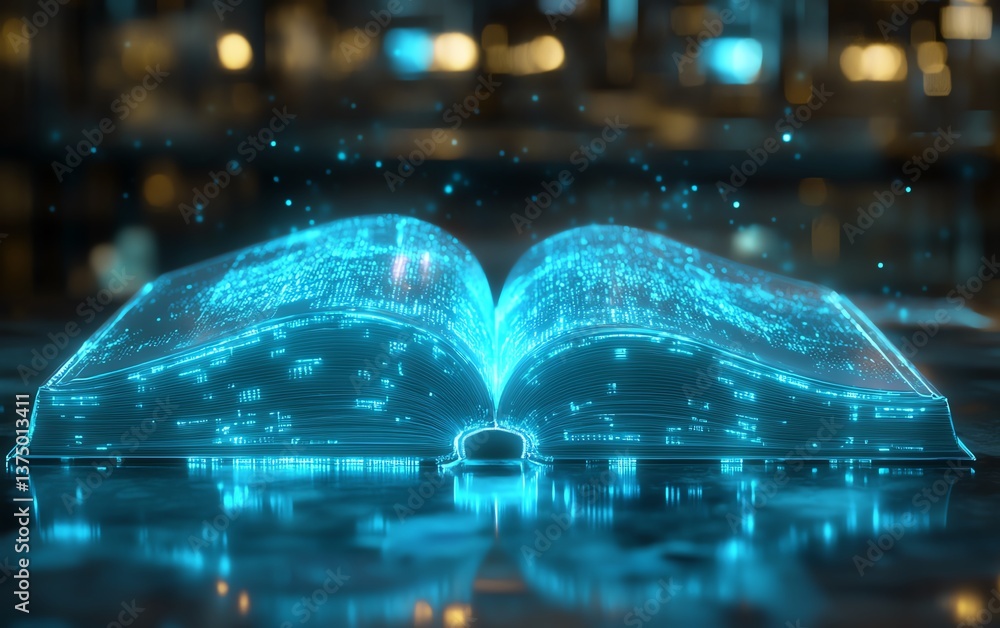 Poster futuristic digital book, glowing holographic pages, hightech reading device with data flow, advanced