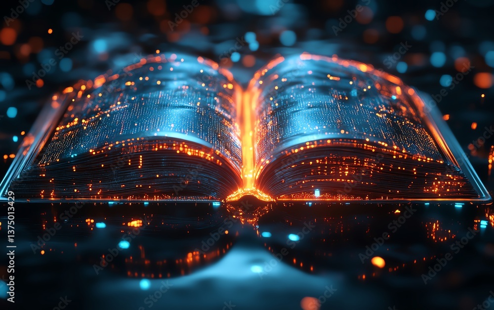 Aufkleber Futuristic digital book, glowing holographic pages, hightech reading device with data flow, advanced technology concept, ultraHD, highly detailed