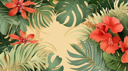 Tropical leaves and flowers create vibrant, lush background