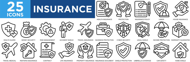 insurance, business, finance, contract, document, service, icon set. Outline icons collection. Simple vector illustration
