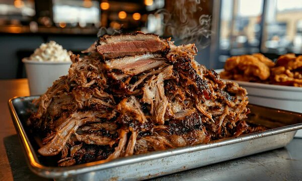 Platter of savory pulled pork with sides, tantalizing layers, rich colors, and the alluring aroma of Southern barbecue