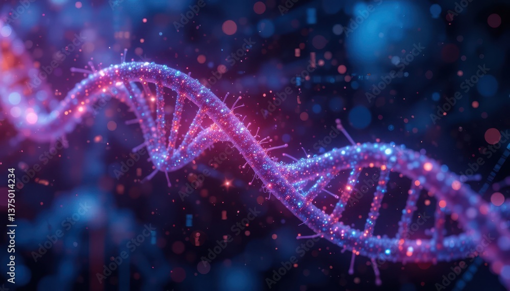 Poster vibrant dna helix with sparkling particles in a dark background