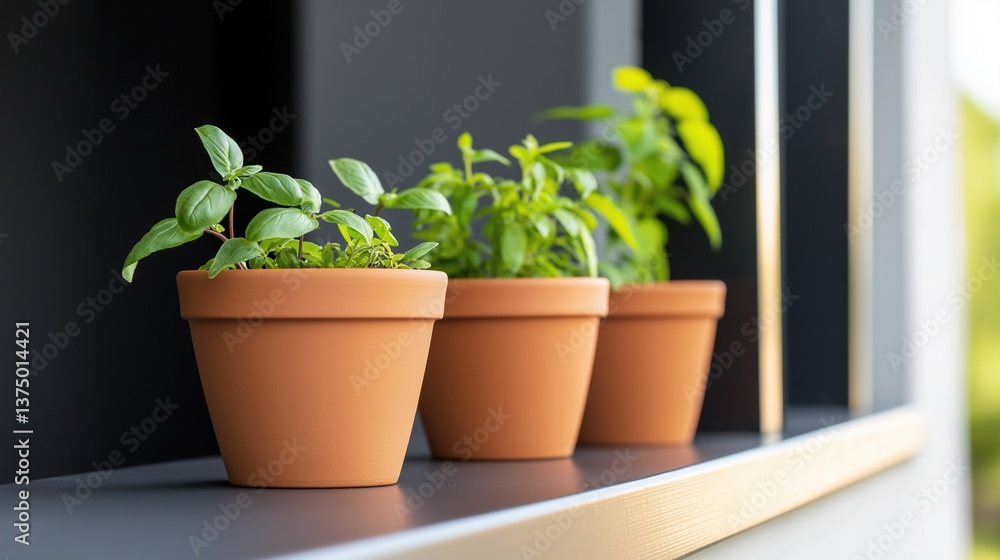 Poster three terracotta pots on a window sill. the pots are arranged in a row and are of different sizes an