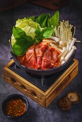 spicy Thai sukiyaki, Asian beef stew, Authentic Thai hotpot with marinated beef, fresh vegetables, enoki mushrooms, and spicy dipping sauce, traditional Asian cuisine.
