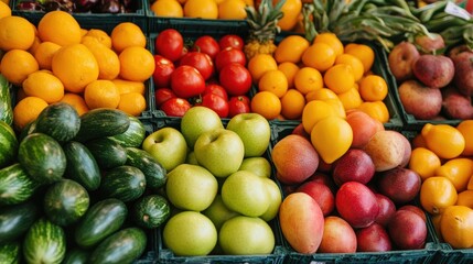 A colorful array of fresh fruits and vegetables displayed together in a bountiful and vibrant market scene