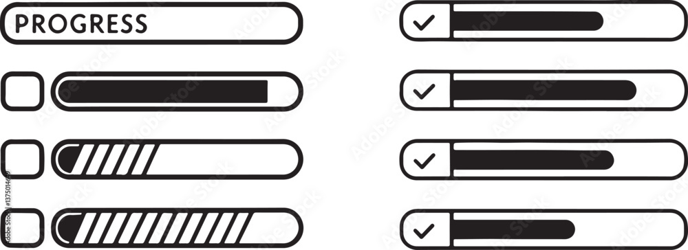 Poster progress bars vector icons, data progressing analysis symbols in flat filled and outline stroke line