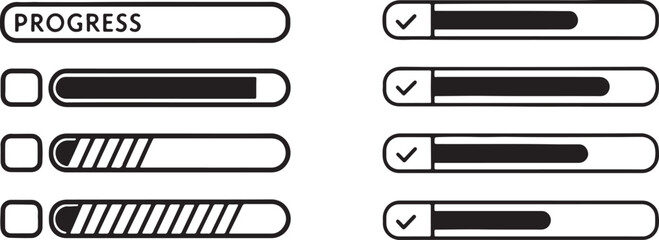 Progress bars vector icons, data progressing analysis symbols in flat filled and outline stroke line art.