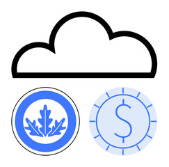 Cloud outline above eco-leaf and dollar icons signifying connection between technology, sustainability, and finance. Ideal for cloud storage, green tech, financial planning, eco-funding, digital