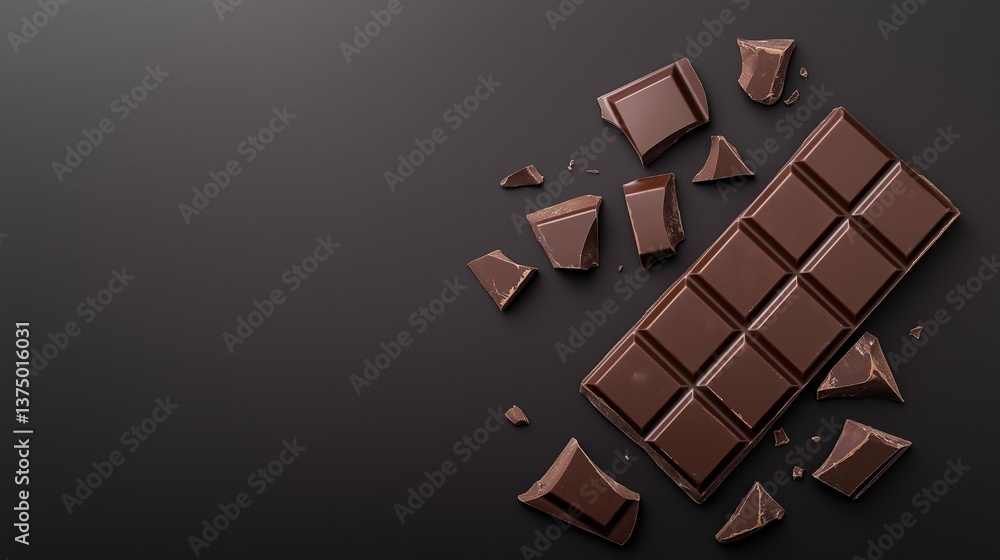 Poster dark chocolate bar on a black background. the chocolate bar is in the center of the image and is mad