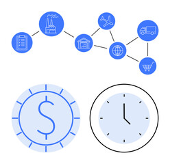 Interconnected nodes representing factories, warehouses, transport, customer, globe. Clock and money symbol emphasize efficiency and cost in global supply chain. Ideal for logistics, commerce