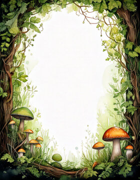 An enchanting watercolor forest frame with delicate vines, soft green leaves, and tiny glowing mushrooms, creating a mystical fairy tale border