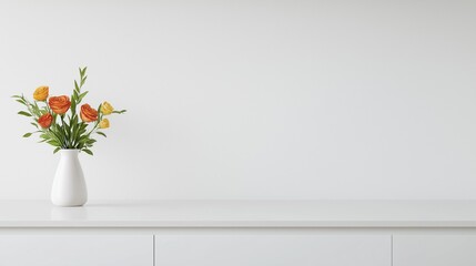 White vase with a bunch of orange and yellow flowers in it. the vase is placed on a white countertop against a plain white wall. the flowers are in full bloom and have green leaves.