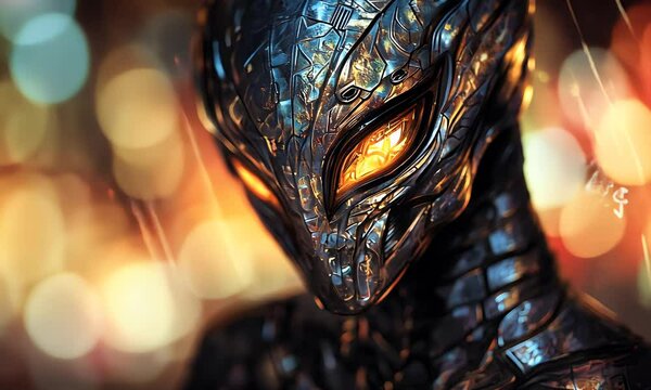 Dark figure with scale-like texture and glowing eyes stands against a blurred urban backdrop