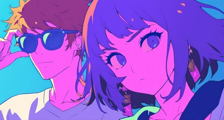 Synthwave Anime Duo: A Vibrant Portrait of Style and Attitude