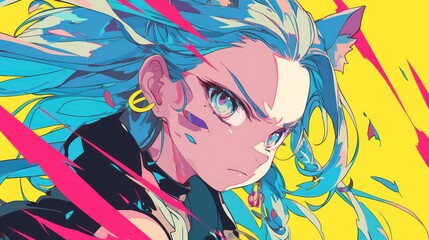 Naklejka premium Cyberpunk Anime Girl with Vivid Blue Hair and Fierce Expression