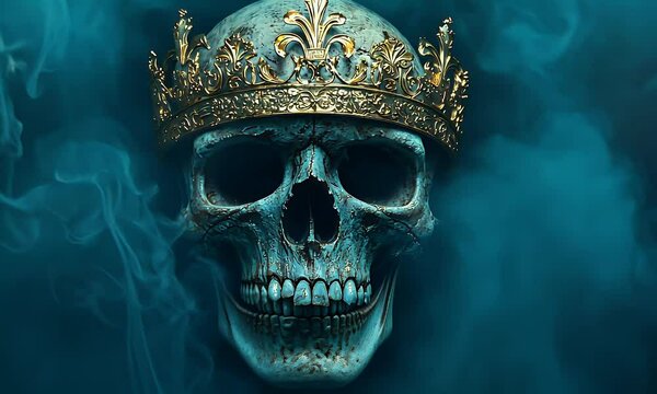 Skull with golden crown amidst blue smoke. Decorative details etched in metal. Haunting beauty