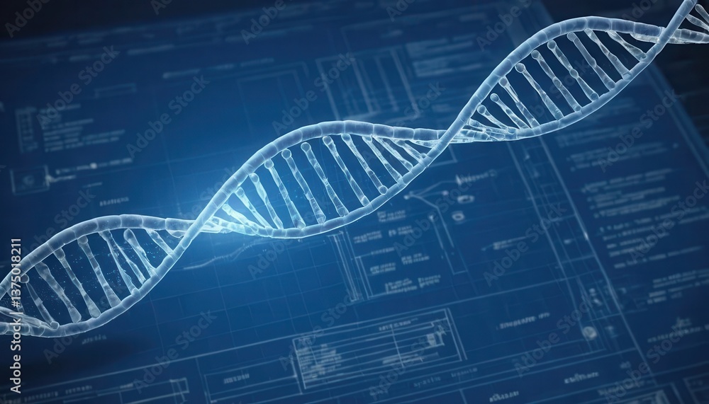 Poster detailed dna helix blueprint on dark background with digital effects