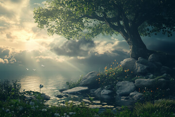 Obraz premium Tranquil Lake Scenery with Sun Rays Tree and Birds Flying