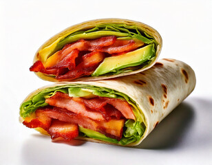 Bacon avocado wrap close-up on a white background, Healthy meal, Low carb and high protein