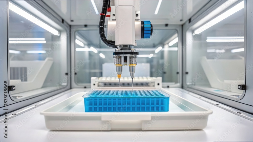 Poster robotic arm scanning genetic material in a sterile laboratory environment