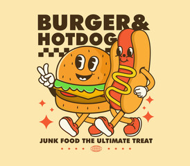 retro cartoon character burger and hotdog street food. ideal for graphic tees, t shirts, posters, stickers. vector illustration